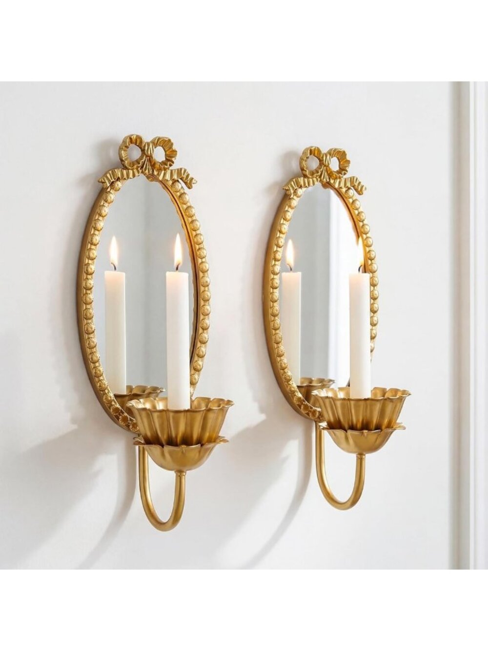 Elegant Gold Mirror Candle Holders Set of 2 - Vintage Bowknot Wall Sconces Decor